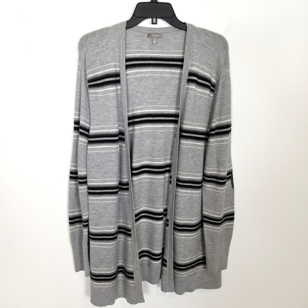 T by Talbots Women Striped‎ Cotton Blend Cardigan Sweater Sz XL Gray Elbow Patch
